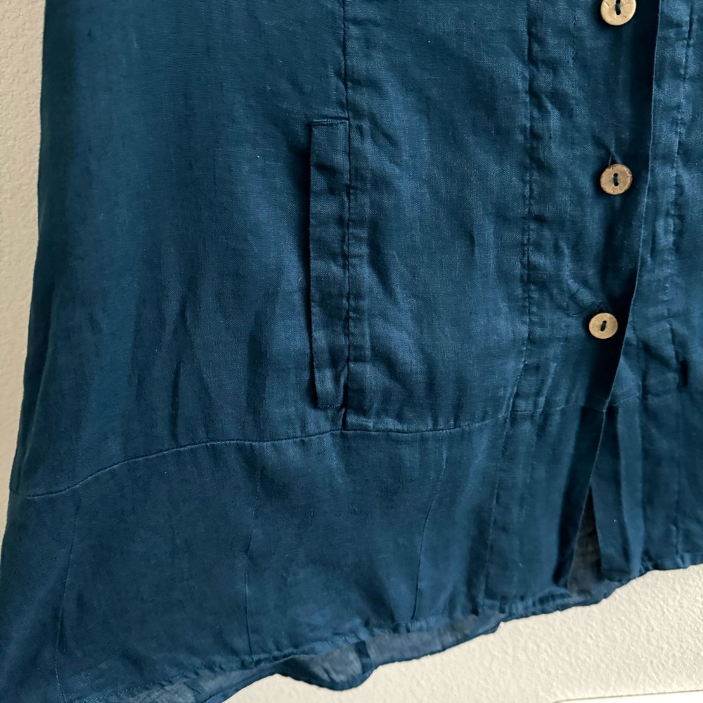 Soft Surroundings Island Breeze Shirt Deep Sea Blue Linen Button Down - Picture 4 of 10